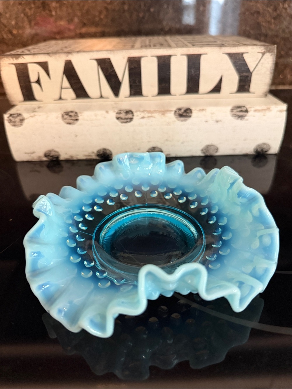 Vintage Fenton Blue Opalescent Hobnail Ruffled Glass Dish. Glows